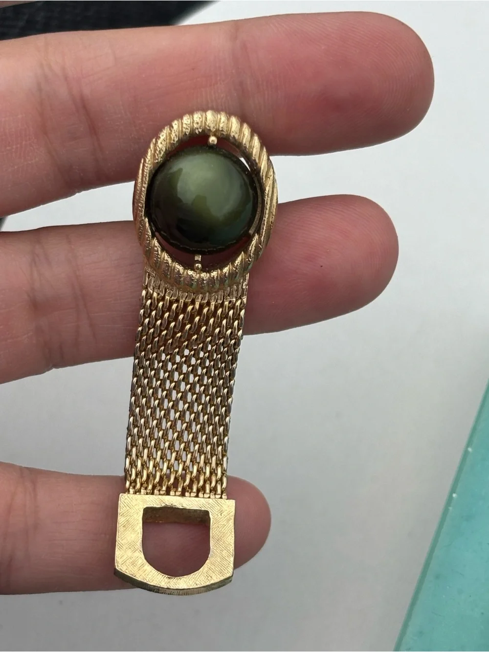 Vintage SWANK Gold Tone Mesh Wrap Cufflinks Green Cabochon Mid Century Mad Men